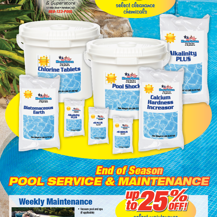 Tri-fold example of pool supplies for mailer